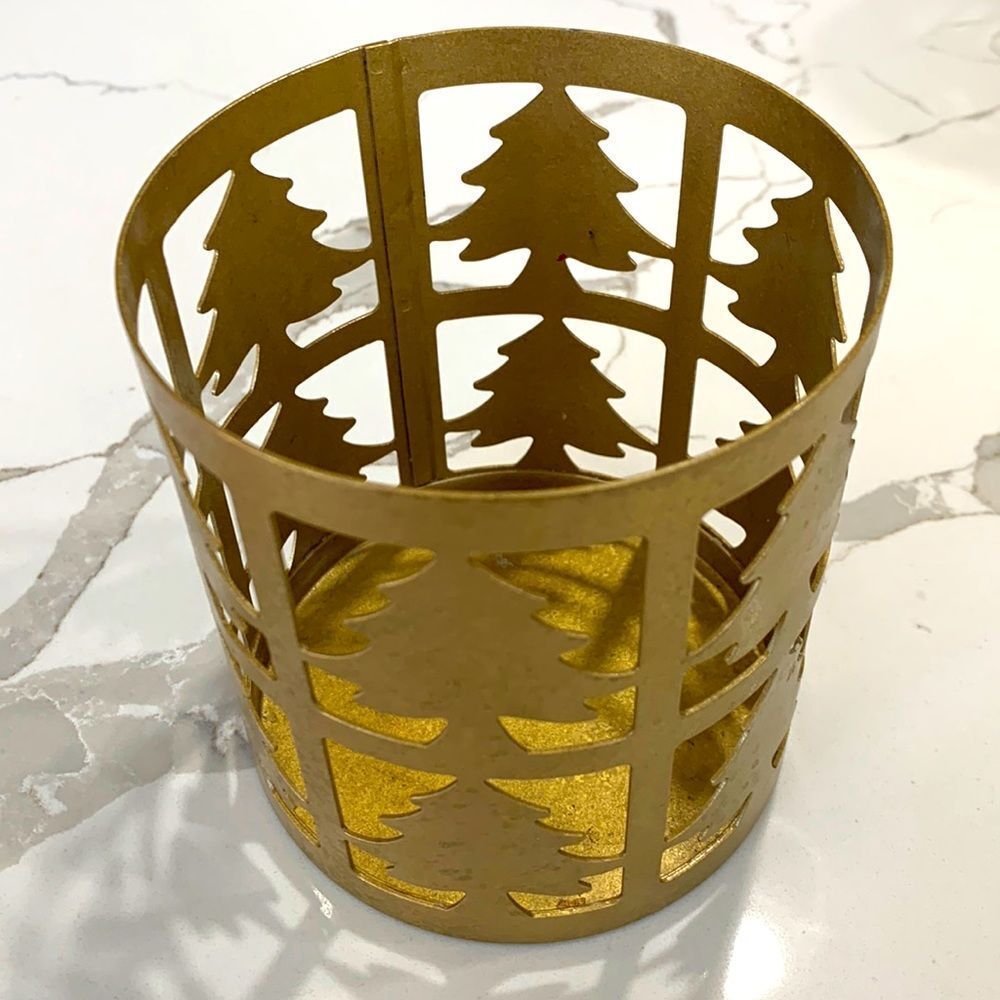 3-Wick Metal Candle Holder Gold Tone Color Trees Holiday Christmas Metallic